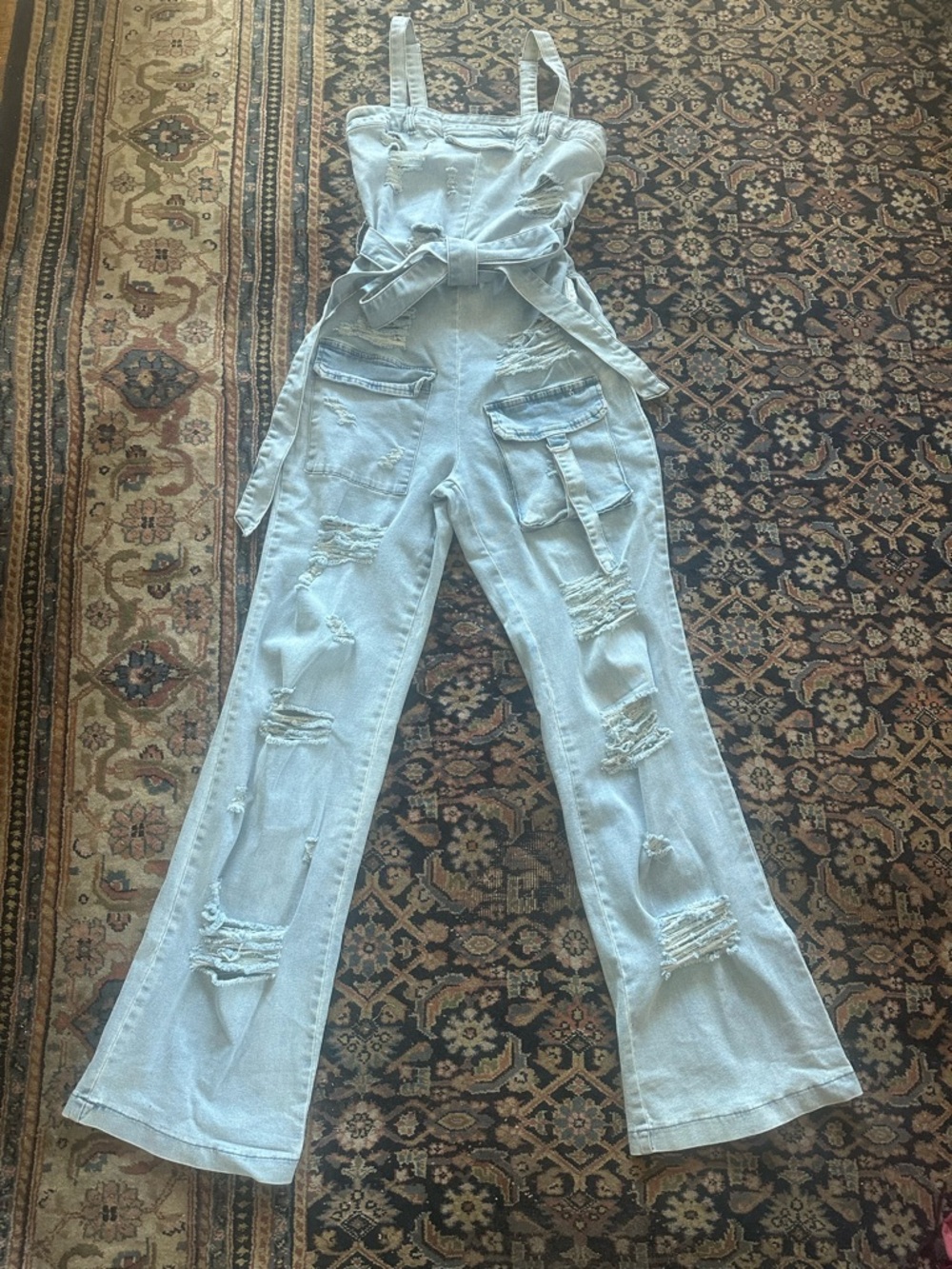 Light Blue Distressed OVERALLS by HOT & DELICIOUS. Size: Small